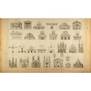  1845 Antique Engraving Architecture Facades Churches 
