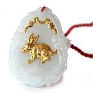 24K Gold Chinese Zodiac Rabbit Genuine Jadeite Jade Pendant Necklace 