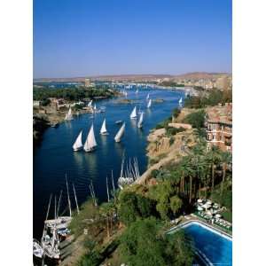 Nile River, Feluccas on the Nile River and Old Cataract Hotel, Aswan 