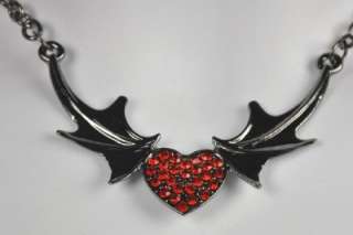 VAMPIRE BAT WING RED STONE HEART NECKLACE GOTHIC METAL  