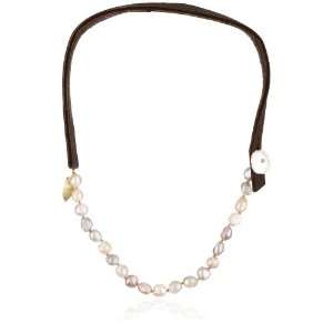 Renee Garvey Rosebud Pearls, Matte 14k Gold Leaf and Leather Necklace