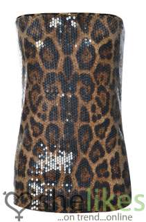 Womens Animal Leopard Print Sequin Top Ladies Boobtube Shiny Party Top 