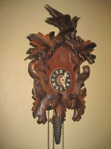Beautiful Antique Black Forest Heavily Carved Cuckoo Clock w/ Birds 