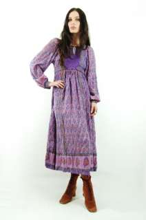 Vtg 70s Purple INDIA GAUZE 100% Cotton FESTIVAL Boho Hippie PUFF SLV 