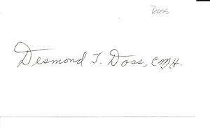 Desmond T. Doss, WW II Army Conscientious Objector, MoH, 3x5 Card 