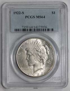 1922 S PEACE SILVER DOLLAR MS 64 PCGS (#5936) Very Choice Certified 