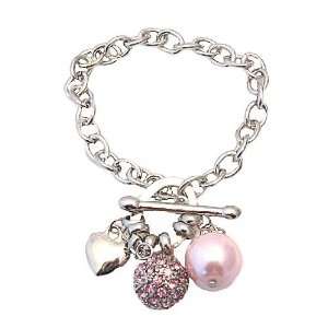  Bracelet   B111   Pearl, Crystal Ball & Heart Charms 