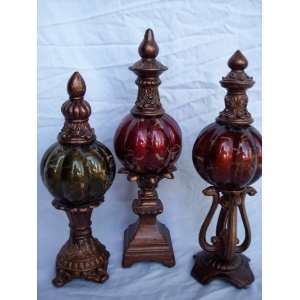  Set of 3 French Tuscan Glass Red Green Amber Gold Finials 