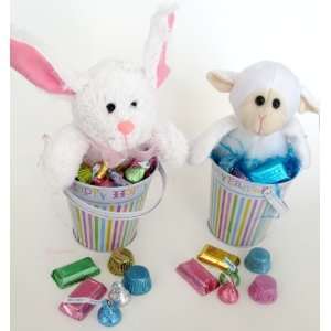 Metal Easter Pail Baskets With Baby Lamb & Bunny Rabbit Plush Stuffed 