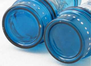 Blue MARY GREGORY art glass ring vases, 7 1/2 h, pair  