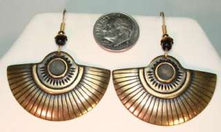 Vintage Antiqued Brass Goldtone Artistic Fan Earrings #E240  