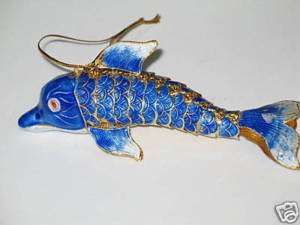 Kubla Cloisonne Articulated blue Dolphin ornament large  