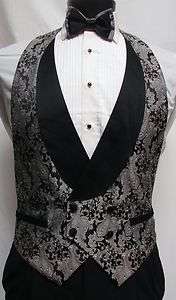 XL Silver Black Paisley Tuxedo Tux Vest & Bowtie Closeout  