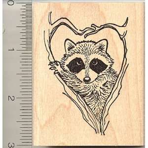  Raccoon in Heart shaped Tree Branches Rubber Stamp   Wood 
