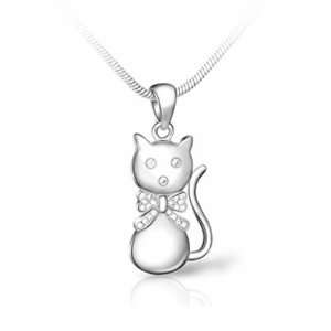 Kitty Cat with Lab Diamond Bow Tie .925 Fine Sterling Silver Pendant 
