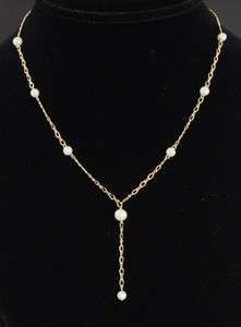   Vintage 14K Gold Freshwater Pearl Lariat Y Chain Tin Cup Drop Necklace