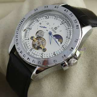   Tourbillon Mens White Automatic Moon Wrsitwatch REAL Leather Self Wind