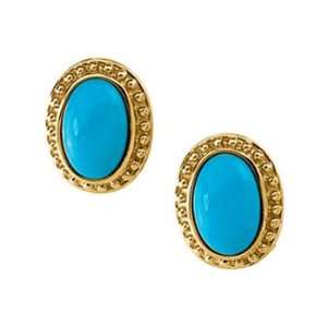   14K Yellow Gold Genuine Turquoise Cabochon Earrings: Jewelry