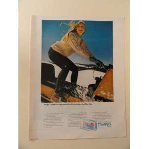 Tampax Tampons, 1971 print ad (girl snow mobiling .) Orinigal Magazine 
