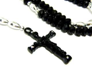 Silver Tone Black Jesus Cross Rosary Beaded Long Fashion Necklace 