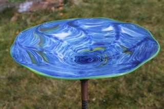 Sky Blue Hand Blown Glass Shallow Bird Bath Outdoor Garden Decoration 