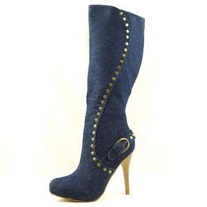 Womens Knee High Studded Denim Boots, High Heel, Dk. Blue size 7.5US 