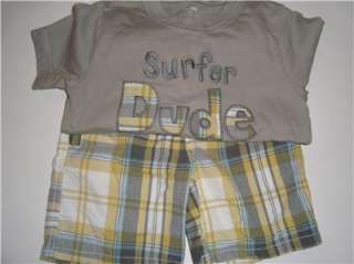 Gymboree Boys Surf Rocks Surfer Dude Shirt, Plaid Shorts, Bucket Hat 2 