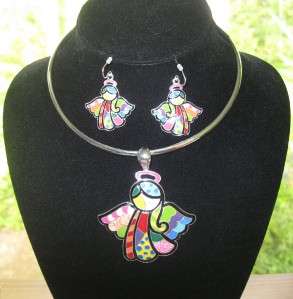   Inspired Colorful Art Deco Angel Choker Collar Necklace & Earring Set