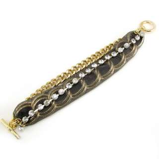 Gold Plated Grey Mesh Chain Diamante Toggle Bracelet  