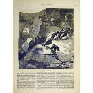  Crossing Cannon Army Troops Mountain Old Print 1871