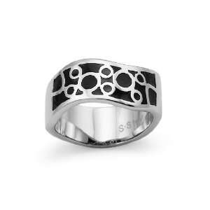  Wavey Stainless Steel Womens Ring with black resin inlay 