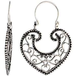   Heart Bali Earrings w/ Beads & Tribal Design, 1 3/8 (35mm) tall