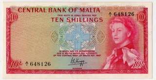 MALTA CENTRAL BANK   10 SHILLINGS 1967(68) XF++ P#28  