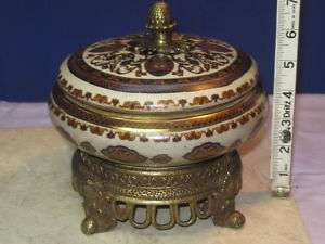 φ Beautiful Ceramic Pottery & Brass Base Lidded Bowl φ  