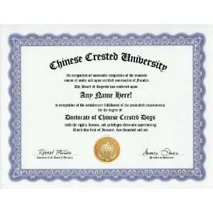 Chinese Crested Dog Degree Custom Gag Diploma Doctorate Certificate 