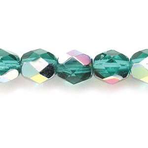   Fire 6 mm Faceted Round Polished Glass Bead, Emerald Vitrail, 150 Pack