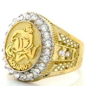    10K Solid Yellow Gold Mens Zodiac CZ Ring   Aquarius Jewelry
