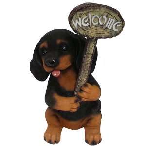   Solar Powered Dark Puppy Dog with Welcome Sign Figure Patio, Lawn