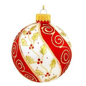  Holly on Red and White Swirl Ornament