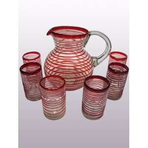  Ruby Red Spiral pitcher and 6 drinking glasses set 