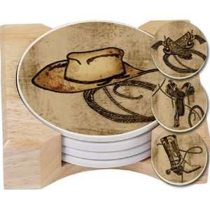 CounterArt Tack Room Design Round Absorbent Coasters in Wooden Holder 