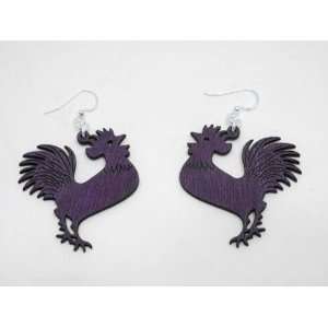  Purple Rooster Cockerel Wooden Earrings GTJ Jewelry