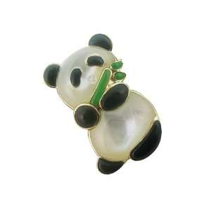 com White Mother of Pearl and Onyx Panda with Green Jade Bamboo Shoot 
