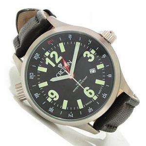 Croton Mens Dual Time Black Leather Date Watch CA301195  
