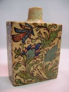 Antique 1850s Persian Early Polychrome Glazed Earthenware Bottle 