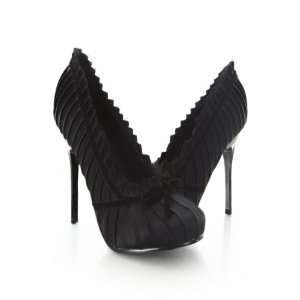  Black Satin Pleated Lace Ruffle with Bow Heels 7.5 