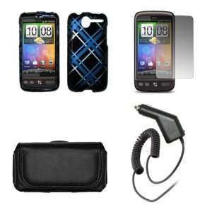  HTC Desire Premium Black Leather Carrying Pouch+Blue Plaid 