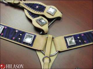 WESTERN LEATHER BLUE BLING ONE EAR HORSE HEADSTALL BREAST COLLAR SET 