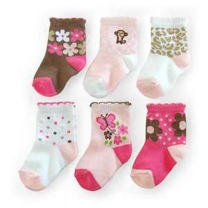   Girls 6 Pack Socks Monkey/ Paw Prints/ Flowers/ Butterfly: Baby