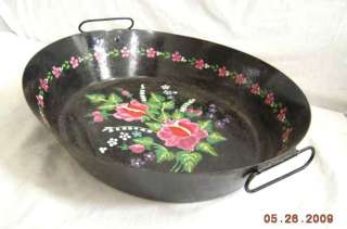 antique TOLE PAINTED METAL TRAY w/HANDLES pink flowers  